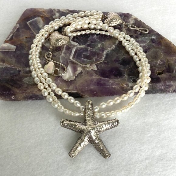 Sterling Silver 925 Layered Triple Strand Freshwater Pearl Starfish Necklace - Picture 2 of 16